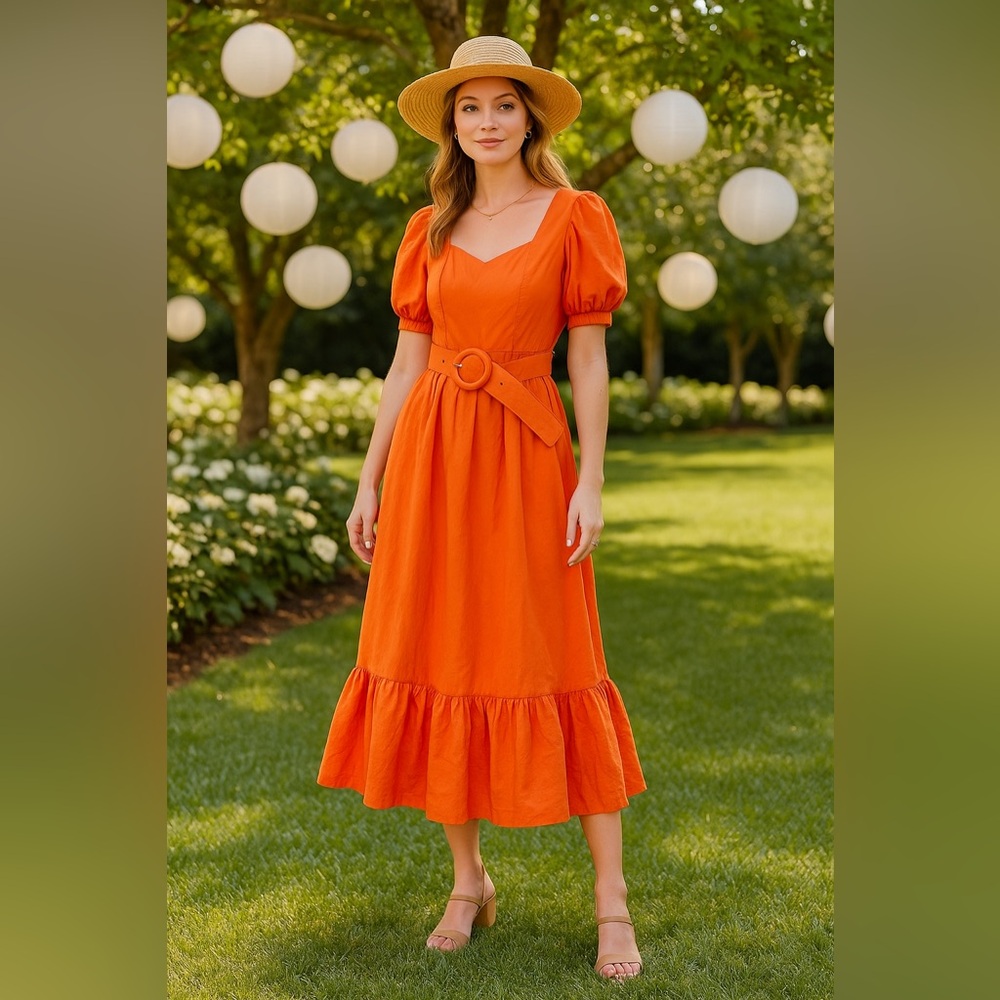 Endless Rose Orange Puff Sleeve Belted Tiered Midi Dress Size‎ S - Picture 11 of 11